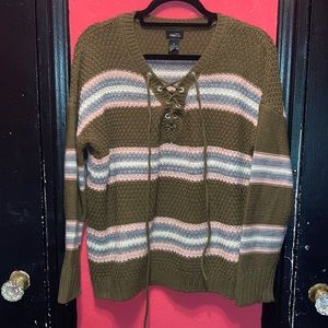 Striped lace up knitted sweater